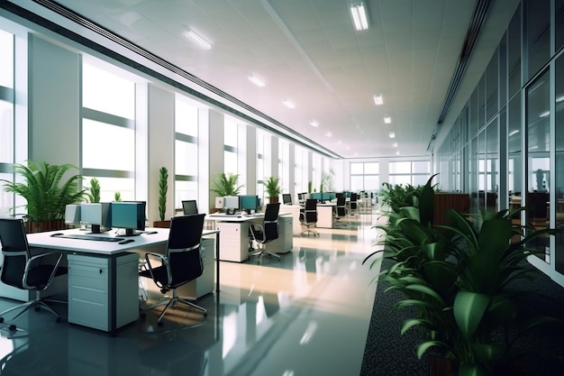 moderno lugar de trabajo vacío en una oficina corporativa con una gran decoración