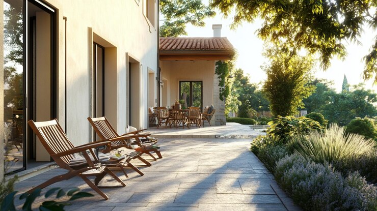 moderno y lujoso exterior de la casa con hermoso jardín garaje ventanas piscina y vista al atardecer