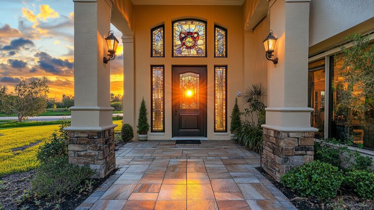 moderno y lujoso exterior de la casa con hermoso jardín garaje ventanas piscina y vista al atardecer