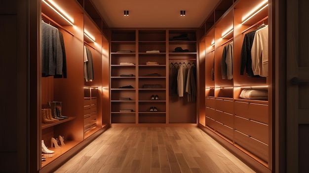 Foto moderno marrom de luxo construído em walk in closet guarda-roupa no chão de parquet generative ai