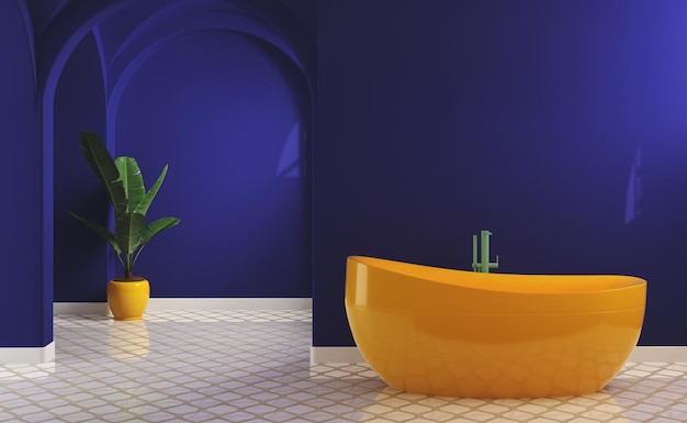 Moderno meados do século e interior minimalista do banheiro, conceito de decoração azul escuro, banheira amarela moderna.