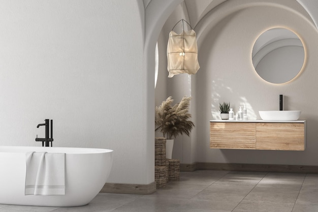 Moderno meados do século e minimalista banheiro interior banheira conceito de decoração branca moderno armário de banheiro de madeira pendurado no chão de concreto de parede branca Renderização em 3d do banheiro aconchegante