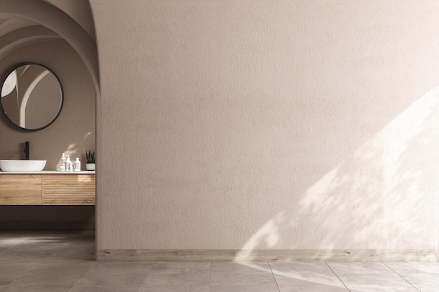 Moderno de mediados de siglo y baño minimalista interior concepto de decoración beige moderno mueble de baño de madera colgado en la pared beige pared vacía suelo de hormigón renderizado 3d