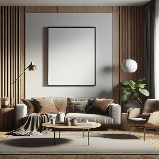 Moderno y minimalista escandinavo marco de cartel de la sala de estar Maqueta de marco de imagen en blanco Maqueta