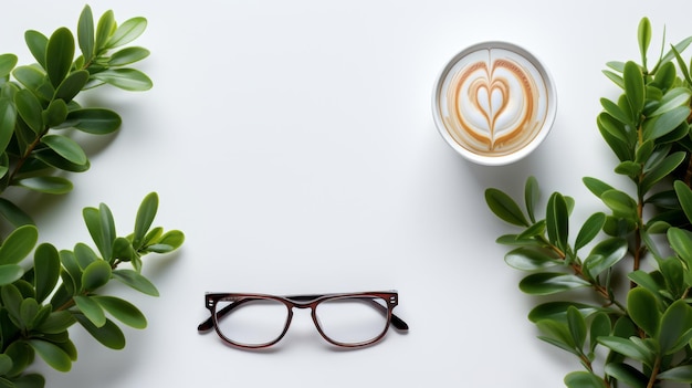 Moderno modelo de mesa de escritório com óculos, xícara de café, vista superior minimalista e iluminação suave