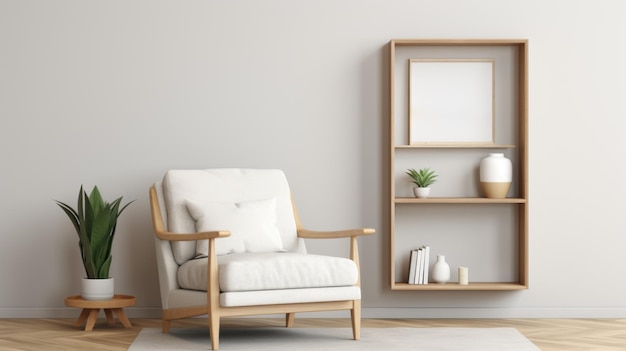 Moderno modelo de estantería de elegancia con acogedor sillón y marco de madera natural