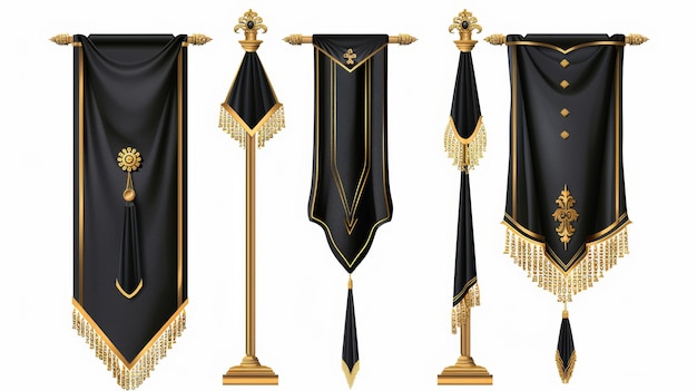 Foto moderno modelo realista de banderas textiles en blanco de diferentes formas en pilares de oro con franjas y bordes de borla negra