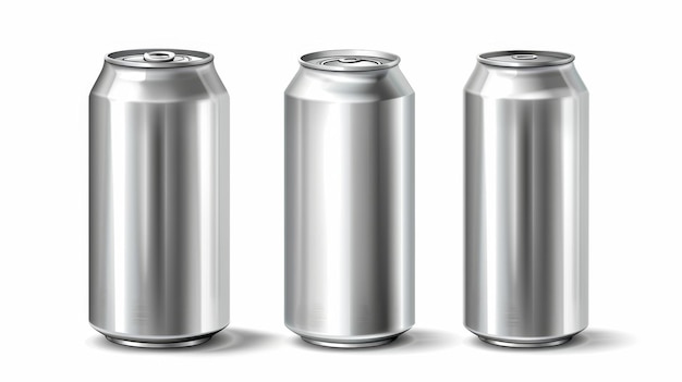 Foto moderno modelo realista de lata de lata de metal em branco com anel puxado na tampa isolado em fundo branco mostrando vistas frontal superior e inferior