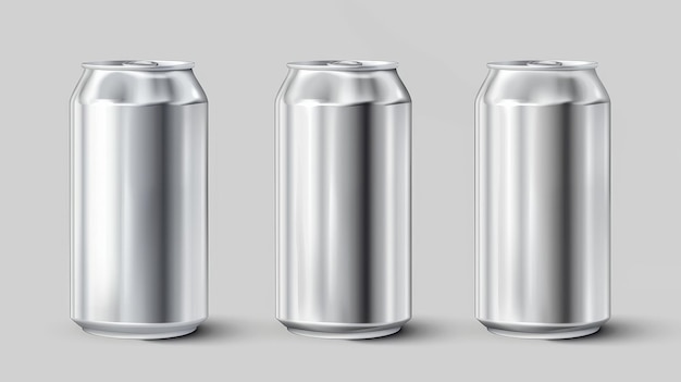 Foto moderno modelo realista de latas metálicas para bebidas de diferentes formas plantilla 3d de paquete de plata en blanco para bebidas frías