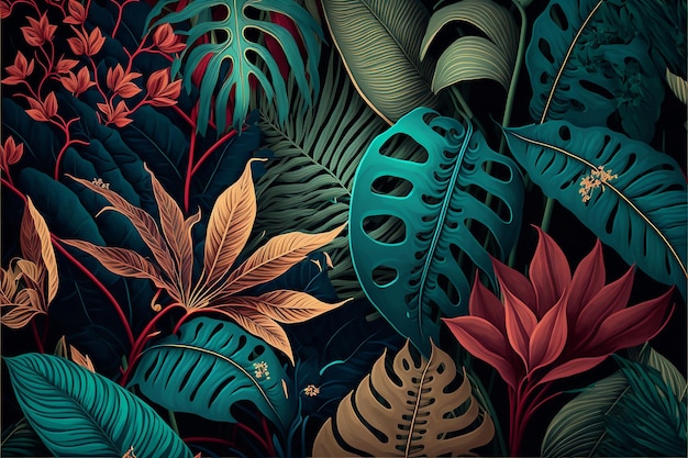 Moderno padrão floral exótico da selva estilo art deco desenho de impressão de folha AI generativo
