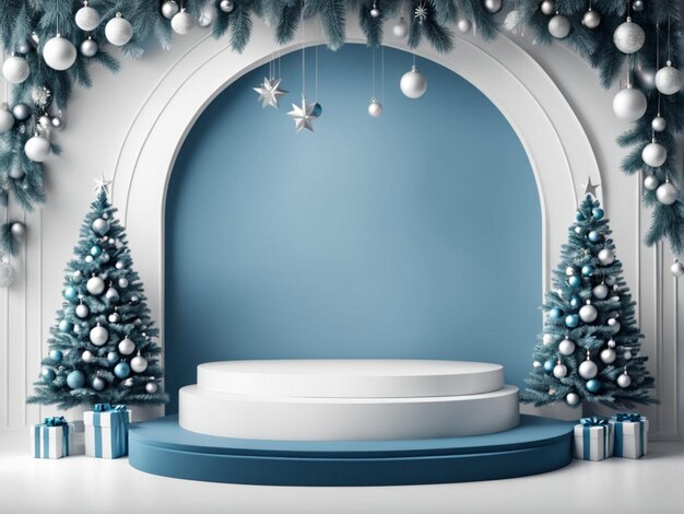 Moderno palco de pódio azul e branco com árvores de Natal e decorações penduradas Spa vazio