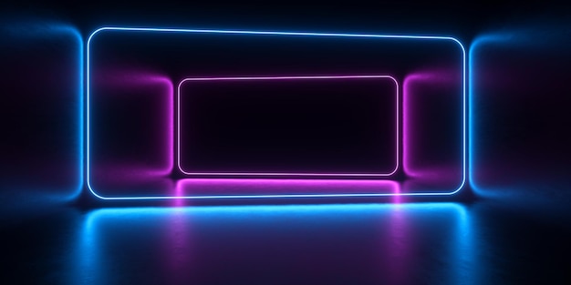 Moderno Palco Vazio Linhas de Luz Laser Neon Moldura Futurista Cibernética Brilhante Abstrato Renderização em 3D