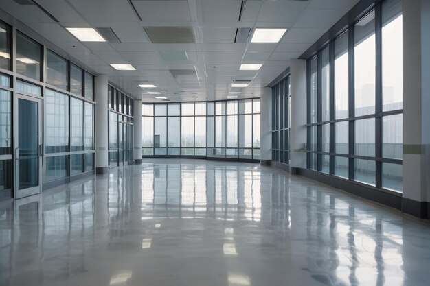 Moderno pasillo de oficinas corporativas con ventanas