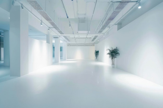 moderno piso de oficina futurista de color blanco y azul con espacio vacío e iluminación