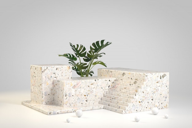 Moderno podio de mármol de terrazo con planta verde Monstera render 3d