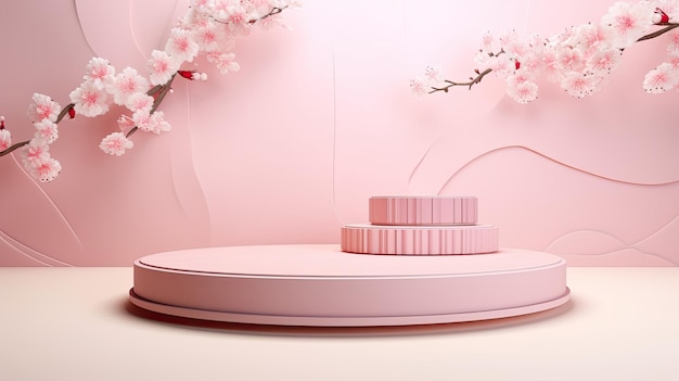 Moderno podio de piedra con ramas de sakura rosadas en flor sobre un fondo pastel