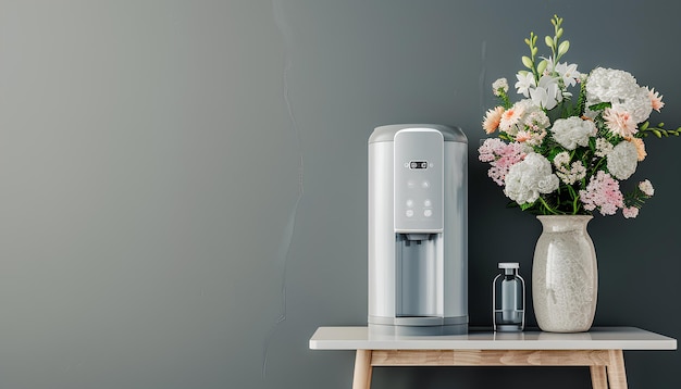 Moderno refrigerador de agua y jarrón con flores en la mesa final cerca de la pared gris