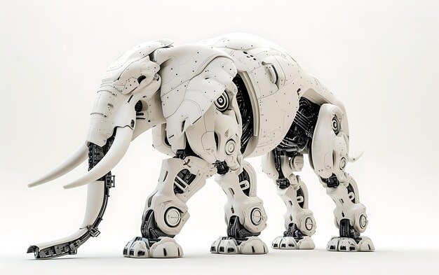 Moderno robô elefante com corpo de marfim e metal zangado e feroz em fundo branco