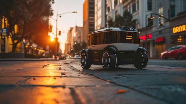 Un moderno robot automatizado de entrega de comida conduce por una calle de la ciudad