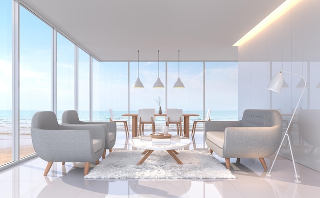 Moderno salón y comedor blanco con vista al mar 3d render