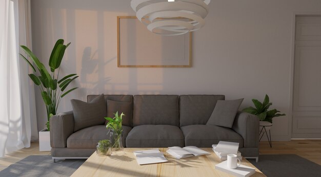 Moderno salón interior con sofá y plantas verdes.