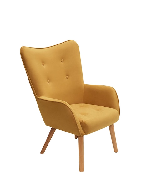 moderno sillón de tela naranja con piernas de madera aisladas en el fondo blanco vista lateral