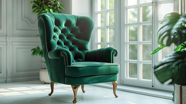 Moderno sillón de terciopelo verde en un elegante entorno interior