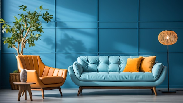 Moderno sofá confortável e poltrona na sala de estar azul brilhante