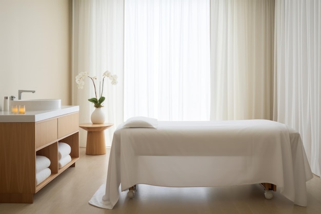 Moderno spa minimalista que invita a una cámara de masaje con una iluminación serena difundida por textiles transparentes