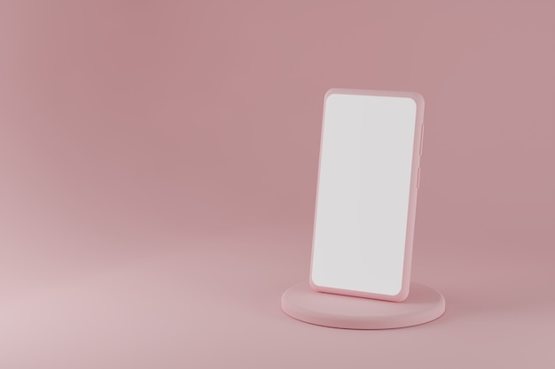 Moderno teléfono inteligente en el podio sobre fondo rosa d render