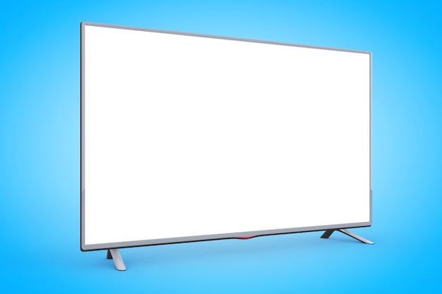 Foto moderno televisor led plano o lcd sobre un fondo azul. representación 3d