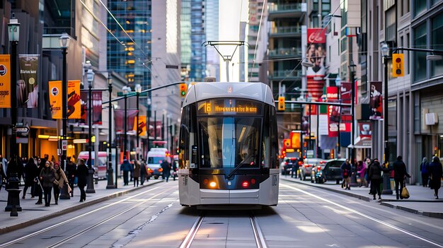 Un moderno tranvía urbano viaja por una concurrida calle en el corazón de una bulliciosa metrópolis