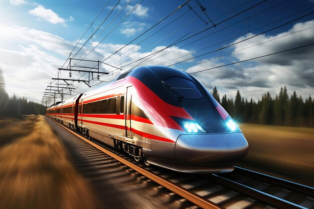 Un moderno tren de alta velocidad se mueve a lo largo de las vías del tren con el telón de fondo de un campo al atardecer Transporte ferroviario de alta velocidad