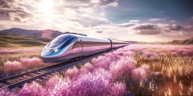 El moderno tren de alta velocidad pasará por un hermoso paisaje pintoresco con montañas y pancartas de lavanda hechas con IA generativa