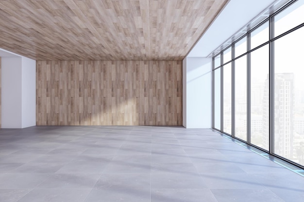 Moderno vazio espaçoso teto de madeira e concreto e piso interior com lugar simulado na parede e janela panorâmica com vista da cidade Renderização em 3D