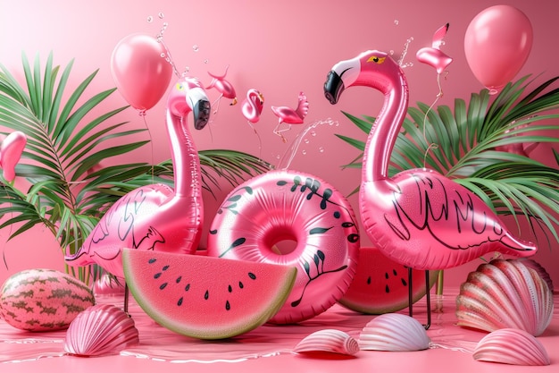 Modernos elementos realistas de las vacaciones de verano con flamenco juguete inflable sandía palmeras concha y salpicaduras de agua3d render