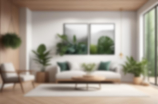 Modernos interiores de madeira com fundo desfocado plantas verdes sofá desfocado