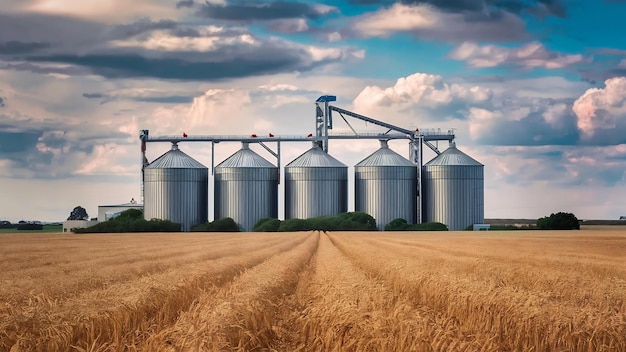 Foto modernos silos de plata para ascensores de graneros en la planta de agroprocesamiento y fabricación para el procesamiento de secado