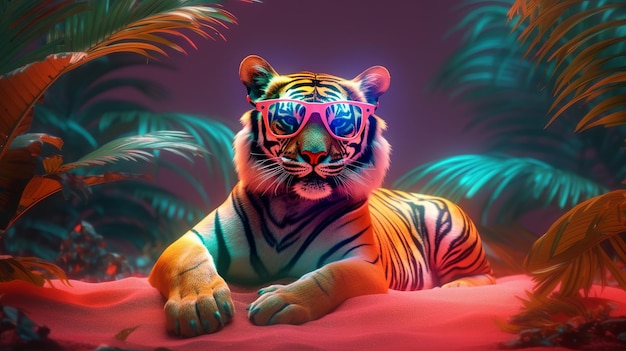 Modetiger mit Sonnenbrille im Hipster-Stil auf tropischem Hintergrund Schöner Tiger Sommer nahtloser Tiger-Tierhauthintergrund