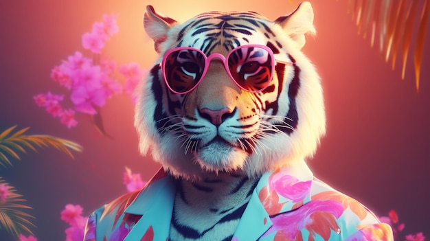 Modetiger mit Sonnenbrille im Hipster-Stil auf tropischem Hintergrund Schöner Tiger Sommer nahtloser Tiger-Tierhauthintergrund