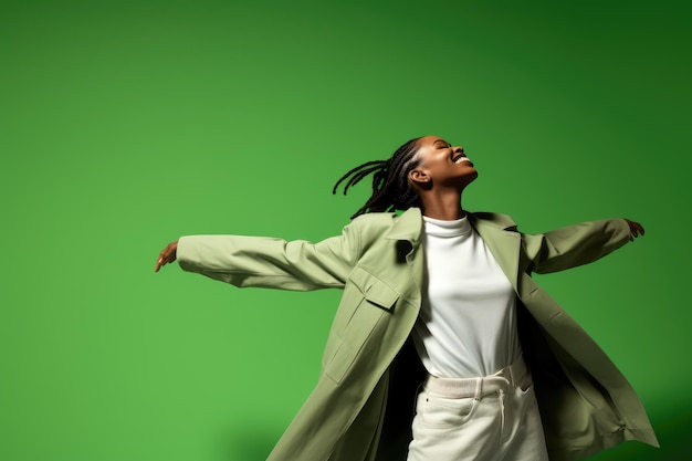 Foto modische afrikanisch-amerikanische frau mit dreadlocks in weißer sportbekleidung, die bewegung an der grünen wand posiert, mode, gelegenheits- und freizeitkleidung