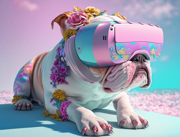 Modische Bulldogge mit VR-Headset im Fairy-Kei-Stil