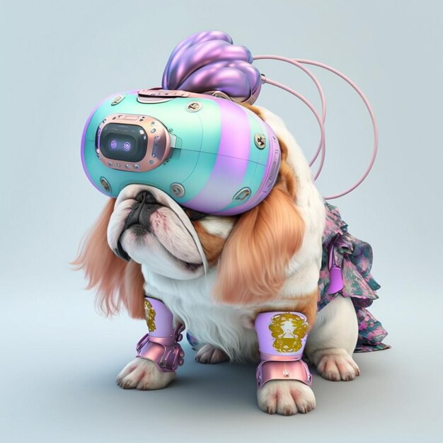 Modische Bulldogge mit VR-Headset im Fairy-Kei-Stil