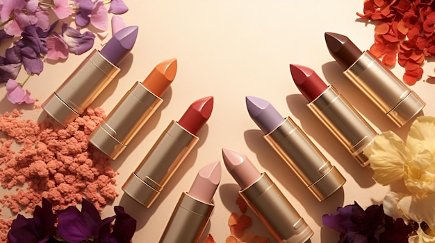 Modische bunte Lippenstifte und Sonnenschatten aus Blumen