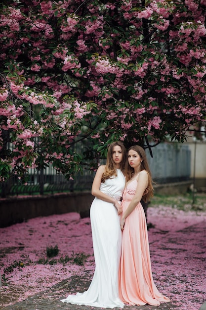 Modische Dame posiert in der Nähe eines blühenden Baums. Twin Girls Schönheit und Mode für Frauen.