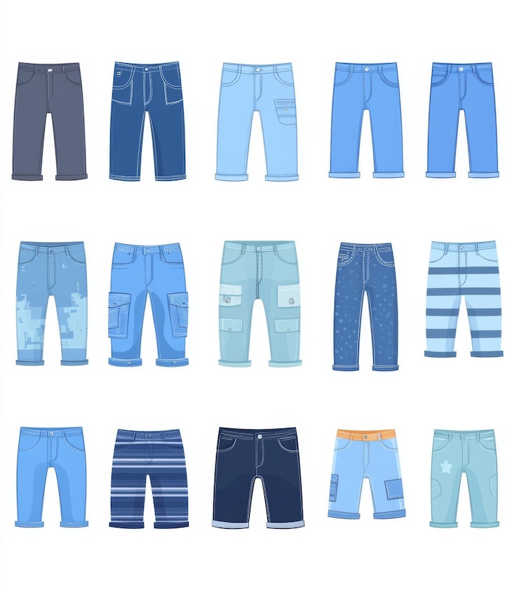 Foto modische denim jeans hosen cartoon patches und textur mit zerrissenen shorts und hosen casual stil kleidung set denim hosen mode casual hosen illustration