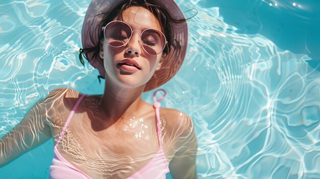 Foto modische frau in pastellfarbenem badeanzug mit brille und hut, die ihren urlaub im pool genießt