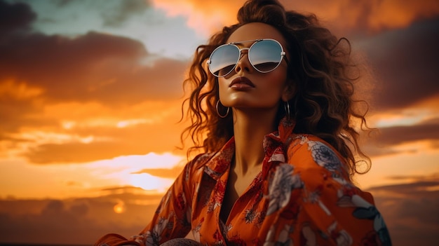 Modische Frau mit Brille bei Sonnenuntergang