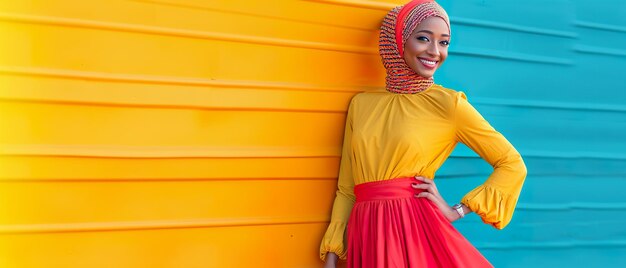 Modische Frau mit farbenfrohem Hijab und Kleidung xA.