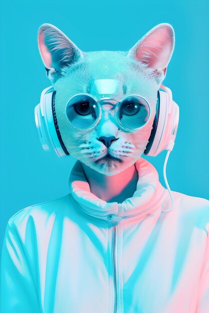 Modische Katze mit Kopfhörern Musik antrophomorfic Katze Neonlichter